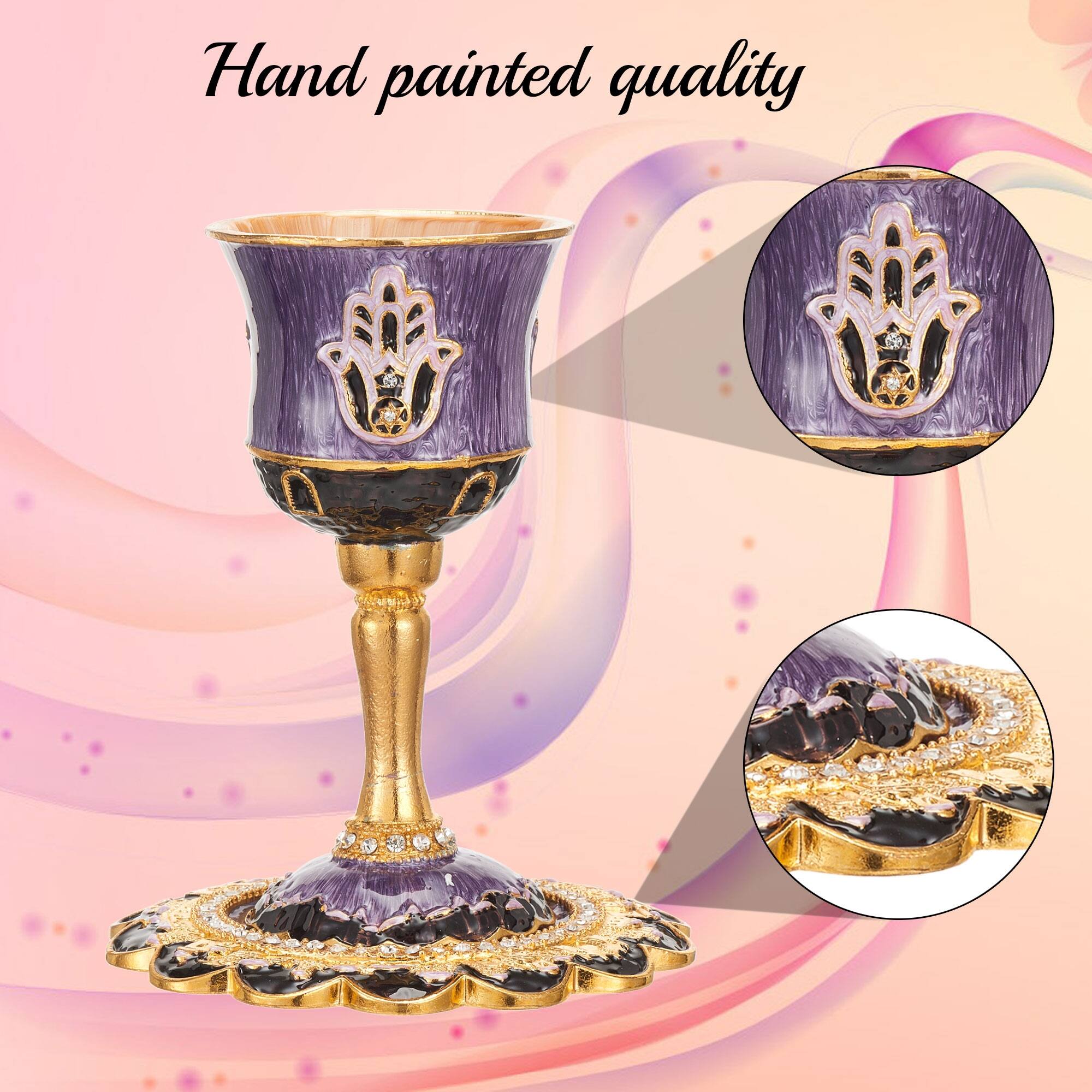 Tall 5" Kiddush CupSet w/StemTray Embellished w/Crys.& HamsaDesign